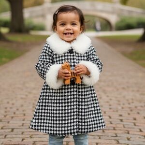 Vintage Bonnie Jean Black White Houndstooth Dress Coat Faux Fur Girls 3T